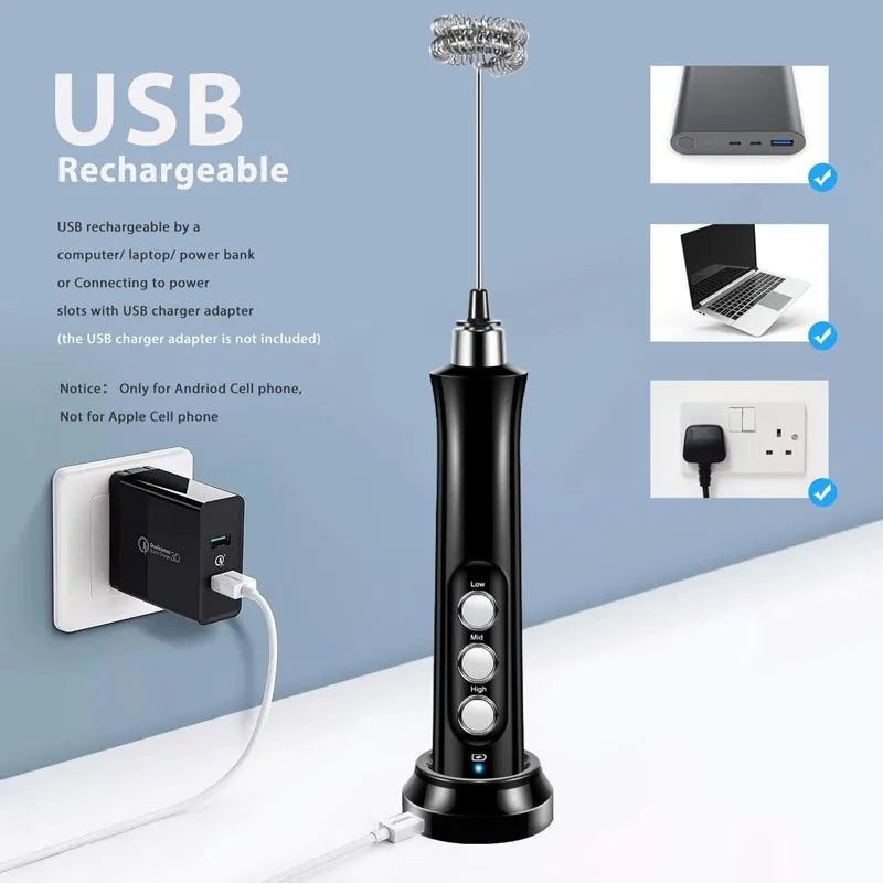 3 In 1 Rechargeable Electric Milk Frother Foam Maker Handheld Foamer High Speeds Drink Mixer Coffee Frothing Wand