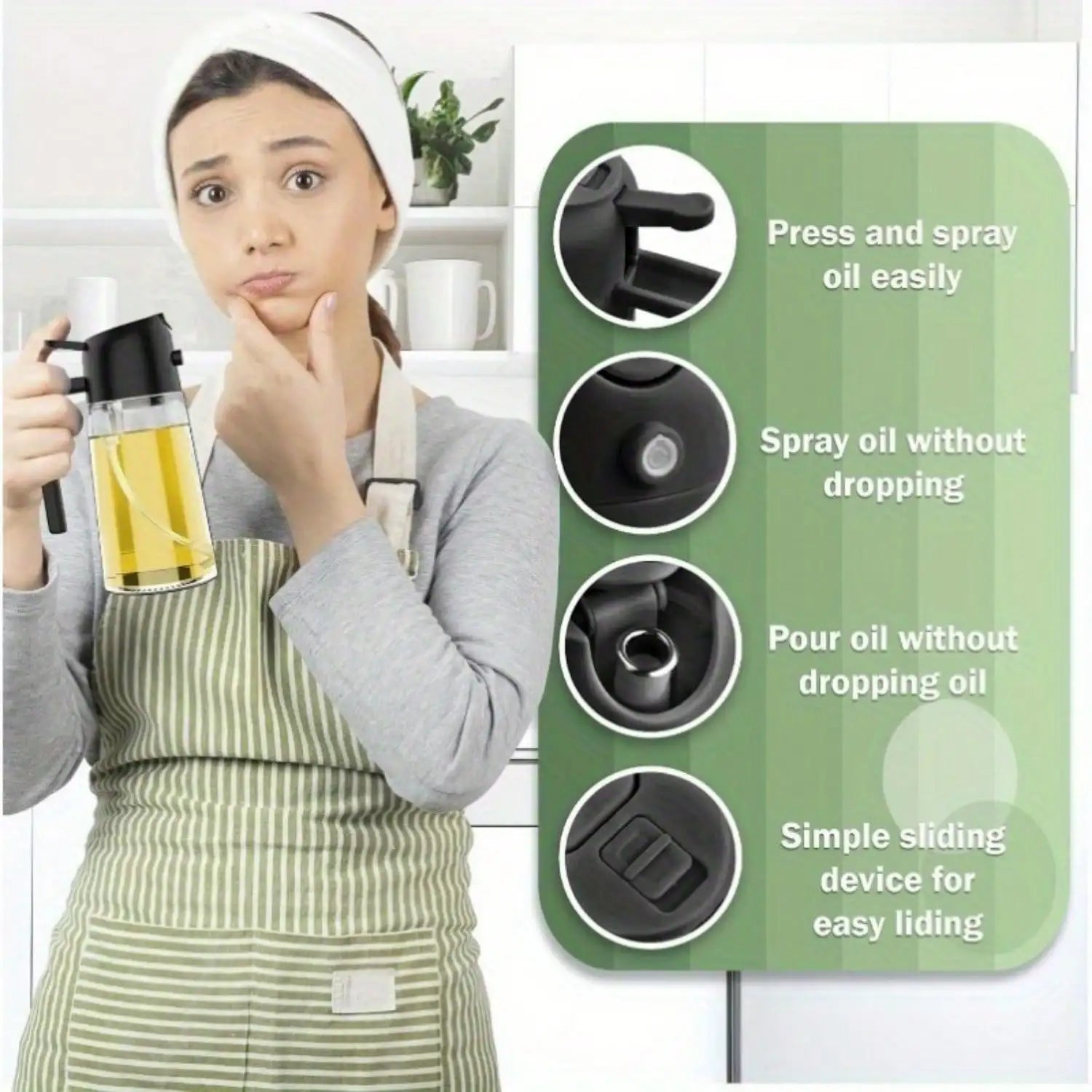 Glass oil dispenser and spray, 16oz/470ml, for cooking, air frying pan, barbecue, salad - kitchen oil spray | round glass bottle
