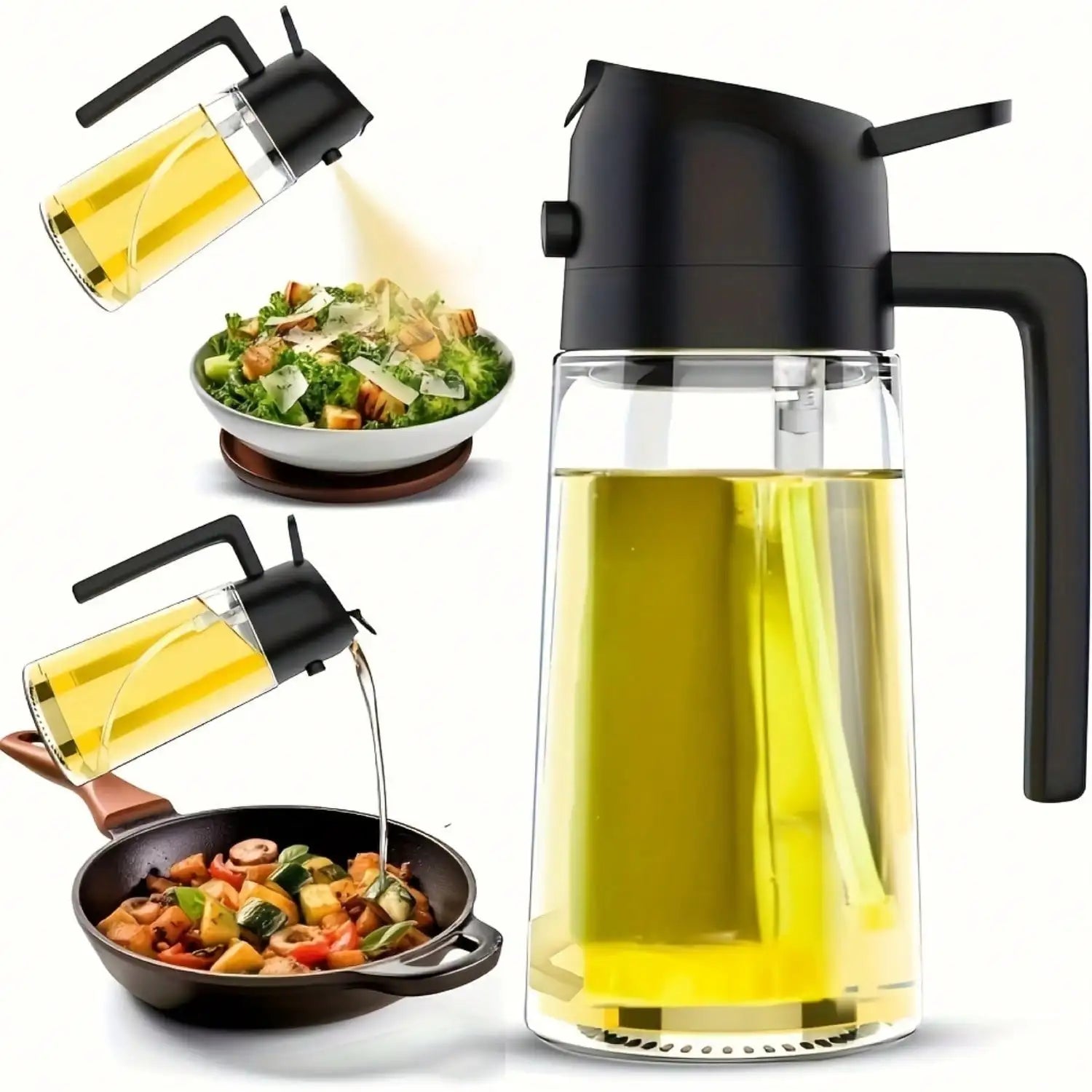 Glass oil dispenser and spray, 16oz/470ml, for cooking, air frying pan, barbecue, salad - kitchen oil spray | round glass bottle
